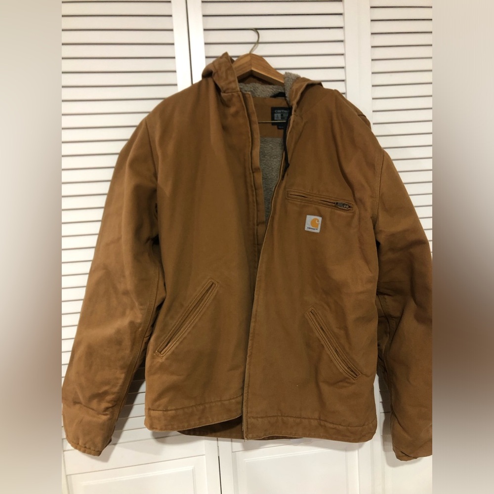 Carhartt Men’s Tan Hooded Work Jacket with Sherpa Lining